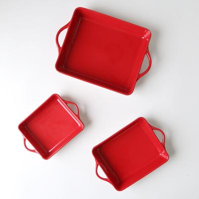 China Hot Selling Amazon Kitchenware Rectangle Red Ceramic Nonstick Baking Tray Casserole Nonstick Bakeware Sets With Double Handle for sale