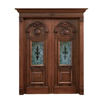 China 2022 CASEN style sound insulation solid wood double leaf door entrance villa European classic folk art glass design for sale