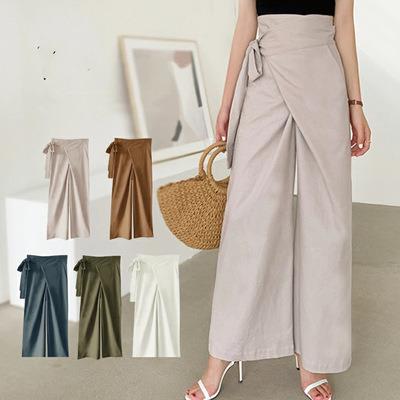 China 9 Colors High Waisted Breathable Modern Resort Designs Cotton Canvas Solid Casual Pants For Women Wide Leg Pants for sale