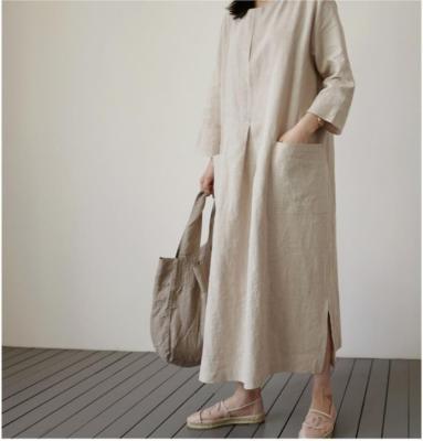 China 2021 Summer Breathable Minimalist Canvas Dress With Open Edge And Pocket Loose Leisure 3/4 Long Sleeve Dress For Women for sale