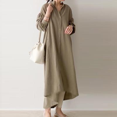 China 2021 Designs Daily Casual Shirt Dress Breathable Minimalist Khaki Loose Single Breasted Single Breasted Long Sleeve Dress For Women for sale