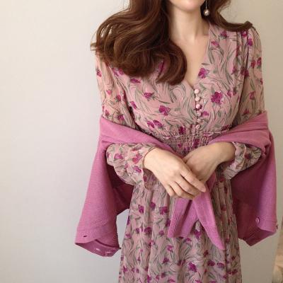 China 2021 Spring Rose Floral Dress Chiffon Floral Dress Women Breathable Elegant Soft Pink Holiday Long and Sleeve Red Rose Skirt Woman Clothing for sale