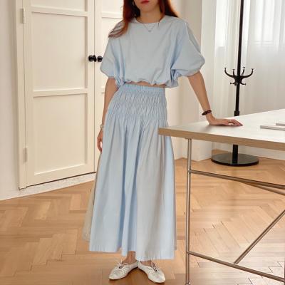 China 2021 Summer Breathable Solid O-neck Two Piece Set With Pleated Bubble Sleeves, Loose Blouse And Wide Leg Skirt For Women Outfits for sale