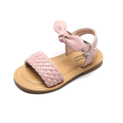 China Breathe Free Kids Baby Woven Sandals Summer Cork Soft Bottom Sandals Bow Lovely Princess Flats Shoes For Kids for sale