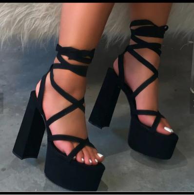 China PU Ladies Platform Tie Dye Lace Up Sandals Print Graffiti Rough Square Heels Sexy Solid Tiger Print Party Shoes Club Shoes for sale