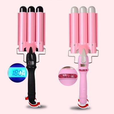 China Heat Adjustable Settings Automatic Hair Curler With LCD Display Home Use Big Three Barrels Wave Fast Heating Hair Curler for sale