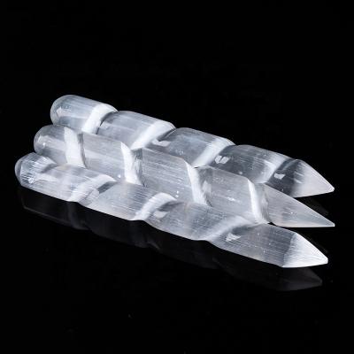 China China Natural Gypsum Crystals Selenite Wand Spiral Stick Fibrous Healing Point For Body Massage for sale