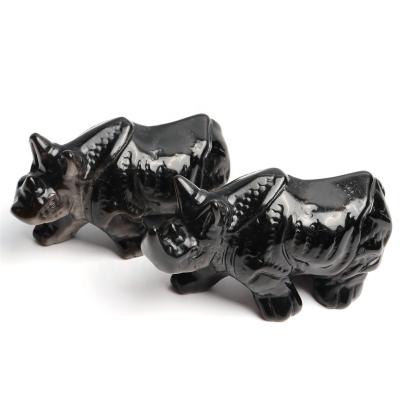 China China Crystal Animals Rhinoceros Carving Figurine Obsidian Hand Carved Home Craft Ornaments Gift for sale