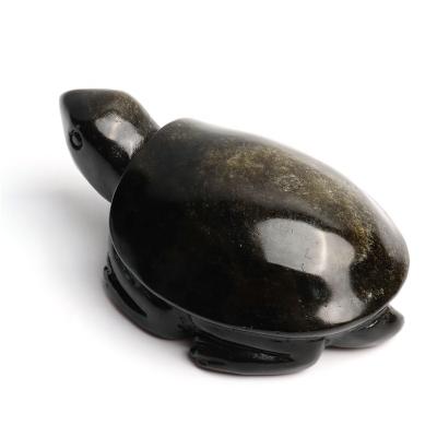 China China Gold Natural Obsidian Quartz Crystal Carved Turtle Crafts Crystal Animal Carving for sale