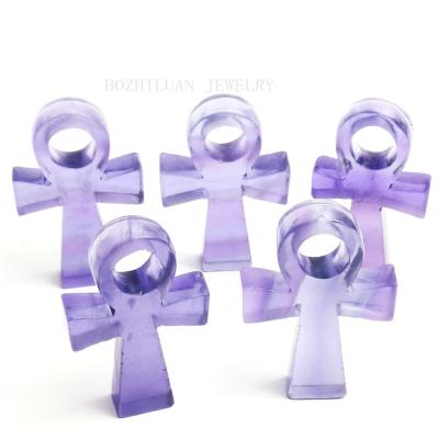 China China Hand Carved Natural Crystal Key Of Life Carved Crafts Fluorite Purple Quartz Carving Ornaments for sale