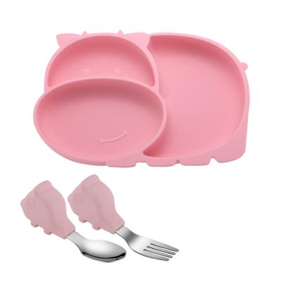 China Baby food grade modern non-slip silicone integrated dinnerware set kids cartoon bowl spoon dishes for sale