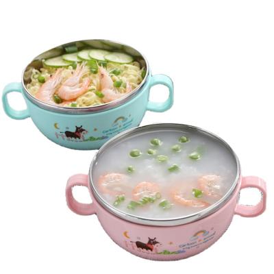 China New Viable Wholesale Cartoon Children's Stainless Steel Double Bowl Handle With Cover Spoon Baby Auxiliary Tableware for sale