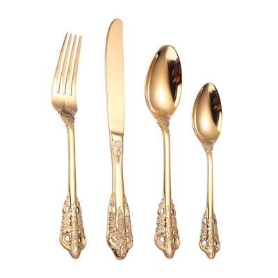 China Retro Sustainable European Court Relief Wedding Party Stainless Steel Dinner Knife and Luxury Fork Spoon Set for Steaks and Western Desserts for sale