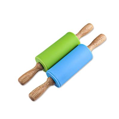 China Sustainable Baking Tools Wooden Handle Silicone Small Non-Stick Pin 23CM For Kids for sale