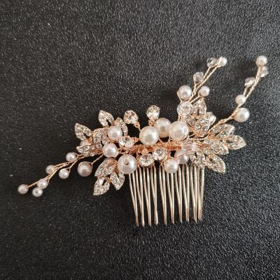 China SLBRIDAL ALLOY Handmade Flower Rose Gold Rhinestones Crystal Pearls Wedding Hair Comb Headpieces Hair Accessories Women Bridal Jewelry for sale