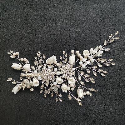 China SLBRIDAL ALLOY Silver Hair Clip Barrettes Bridal Headpiece Hair Accessories Women Bridal Jewelry Crystal Rhinestone Ceramic Flower Wedding for sale