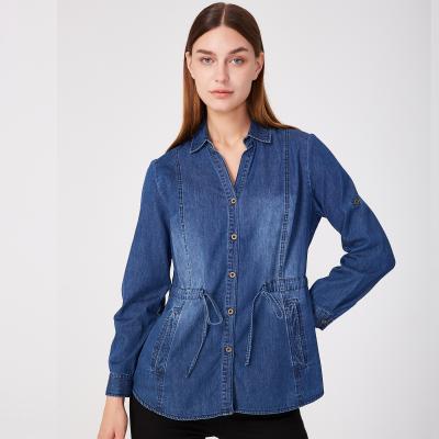 China Breathable denim shirts for women tops casual loose denim shirt women woman denim shirts jeans shirts with belt button down fashion for sale