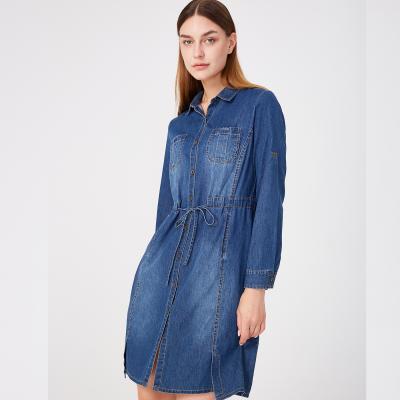 China Women Breathable Denim Dress 100 Cotton Long Sleeve Midi Midi Sleeve Button Down With Pocket Belt Dress Women Jeans Denim Blue for sale