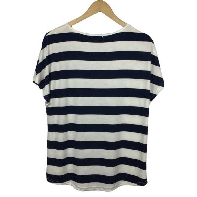 China QUICK DRY Casual Dark Blue Short Stripe Summer T-Shirt Women Oversized Casual Sleeve Plus Size O Neck Shirts For Women for sale