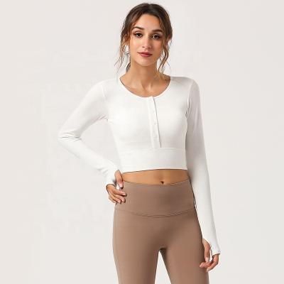 China Custom Logo Sexy Long Sleeve Women Premium Breathable Yoga Tops For Women Crop Yoga Tops T Shirts With Built In Bra for sale