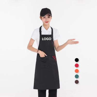 China Custom Copy Korean Logo With Two Pockets Black Polyester Cotton Chef Fashion SANITAIRE Cooking Kitchen Aprons for sale