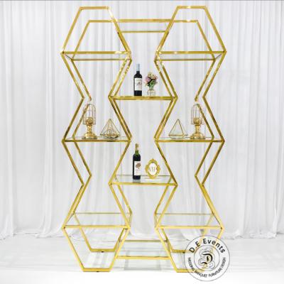 China Event/hotel/wedding/event modern gold metal frame furniture wedding wine shelf with glass for sale