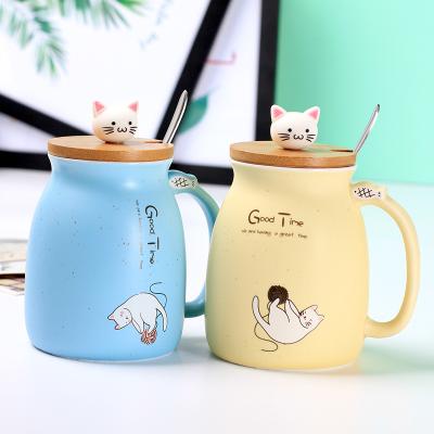 China 450ml Cartoon Disposable Ceramic Cat Mug With Lid And Spoon Coffee Milk Tea Mugs Breakfast Cup Drinkware Novelty Gifts for sale