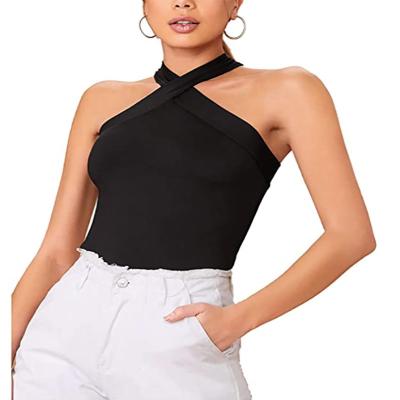 China Anti-Wrinkle Top Selling Women's Solid Color Criss-Cross Summer Tee Sleeveless Halterneck Top for sale