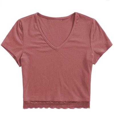 China Fashion Women's Most Sexy V-Neck Lace Edge Rib Knit T-Shirt Crop Top Anti-Wrinkle for sale