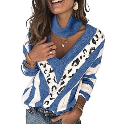 China Anti-Wrinkle Colorblock Striped V Neck Sweater Womens Long Sleeve Knit Pullover Top for sale