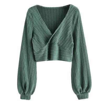 China Anti-Wrinkle Women's Pullover Rib Cropped Knit Drawstring Ruched Knit Crop Top Solid V-neck Long Sleeve T-Shirt for sale