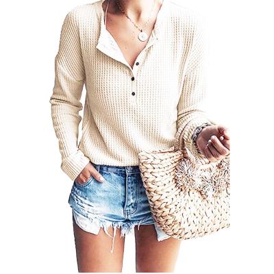 China Top Selling Anti-wrinkle Women's Solid Color Summer Waffle Knit Tunic Long Sleeve Button Henley Loose V-Neckline for sale