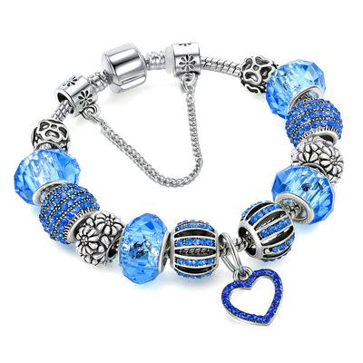 China Austrian Blue Crystal Bead Charm Bracelet Vintage Heart Flower Pendant Enviroment Friendly Custom Silver Charm Bracelets Wholesale With Safety Chain for sale