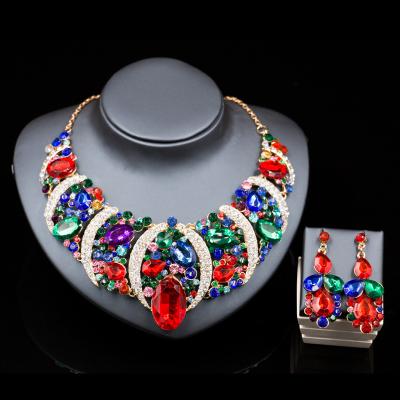 China Environmental Friendly Jewelry Woman Parure Nigerian Wedding Beads African Jewelry Gold Color Necklace And Drop Earrings Six Colors for sale