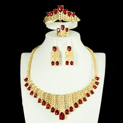 China New Environmental Friendly Bridal Jewelry Sets Stones Earrings Goldtone Four Color Necklace Ring Bracelet For Party for sale