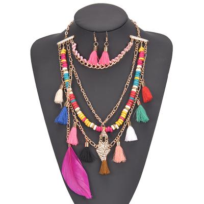 China New Environmentally Friendly Necklace Earrings Set Bohemian Style Handmade Exaggerated Tassel Multilayer Necklace Jewelry Set Female Spot for sale