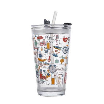 China Custom Viable Factory Logo Acceptable Glass Cup Water Tea Drink Coffee Milk Cups With Straw And Lid for sale