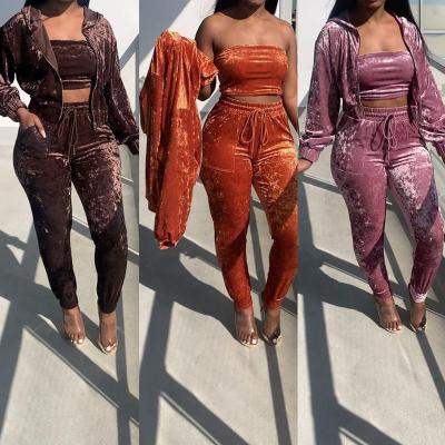 China Dropshipping Solid Color Breathable Plush Zipper Hooded 3 Piece Set Women Falls Woman Set Women's Sets for sale