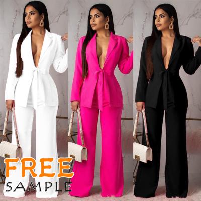 China Dropshipping Anti-Wrinkle Solid Color Loose Belt Two Piece Set Women Suits Office Formal Ladies Suits Women's Suits and Tuxedo for sale