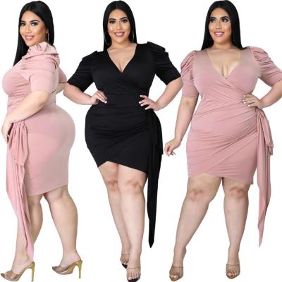 China Puff Sleeve Breathable V-Neck Pleated Casual Dresses Plus Size Women Clothing Plus Size Party Dresses For Fat Women for sale