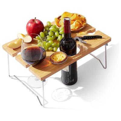 China Traditional Folding Portable Bamboo Wine Glasses Bottle Holder Tray Outdoor Wine Picnic Snack Cheese Table for sale