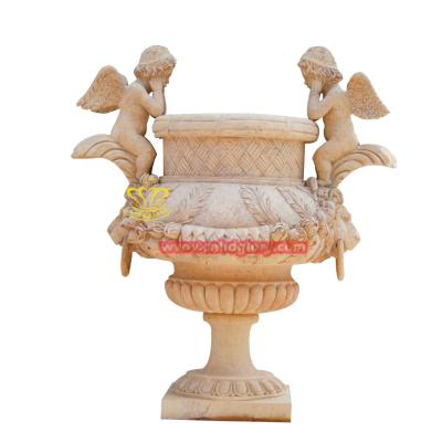 China Modern Natural Stone Beige Travertine Marble 2 Sets Boys Garden Angel Statues Marble Flower Pot for sale