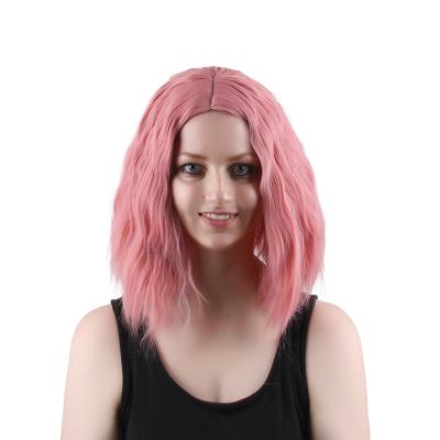 China Bob Wig Wavy Curly Short Light Weight Heat Resistant 14 Inch Shoulder Length Medium Part Pastel Pink Wig For Women for sale