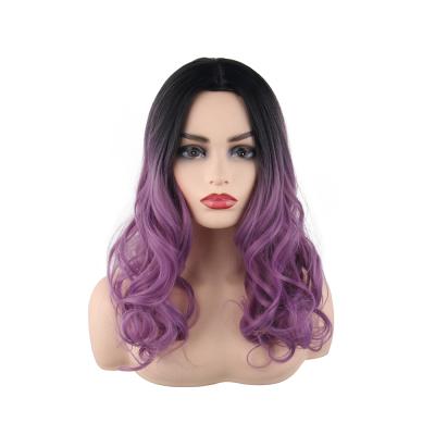 China Long 2 Tones Dark Roots Ombre Heat Resistant Wavy Curly Synthetic Purple Wigs for sale