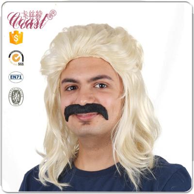 China Natural Curly Black Synthetic Punk Body Wave Mens Mullet Wigs With Mustache for sale