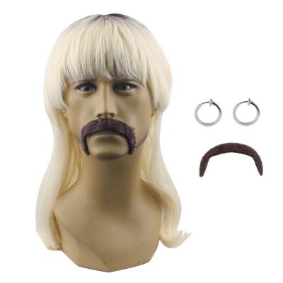 China Mullet Wig Heat Resistant With Bangs Tiger King Joe Exotic Wig Blonde Wig With Mustache And Earring for sale