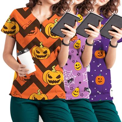 China Printing Scrub Tops OEM Custom Logo Polyester Cotton Cartoon Medical Animal Print Scrubs Costume Scrub Tops Halloween for sale