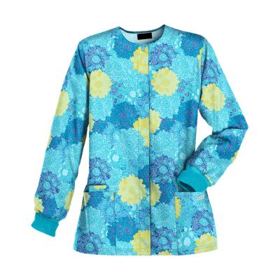 China Printing scrub tops button up printed medical scrubs china custom printed spandex long sleeve jacket doctors scrub for sale