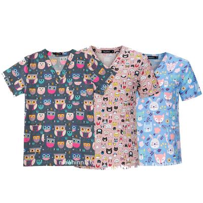 China Printing Scrub Top Winter Santa Polyester Christmas Nurse Scrub Top Fun Christmas Animal Uniform Scrub Top For Nurses for sale