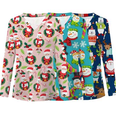 China Printing Scrub Tops Cheap Colorful Surgical Holidays Cotton Spandex Medical Nurse Christmas Hospital Scrubs Long Sleeve Scrub Top for sale